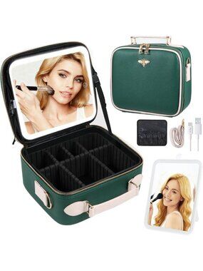 Portable Travel Makeup Bag with LED Light Mirror, Waterproof Case & Adjustable